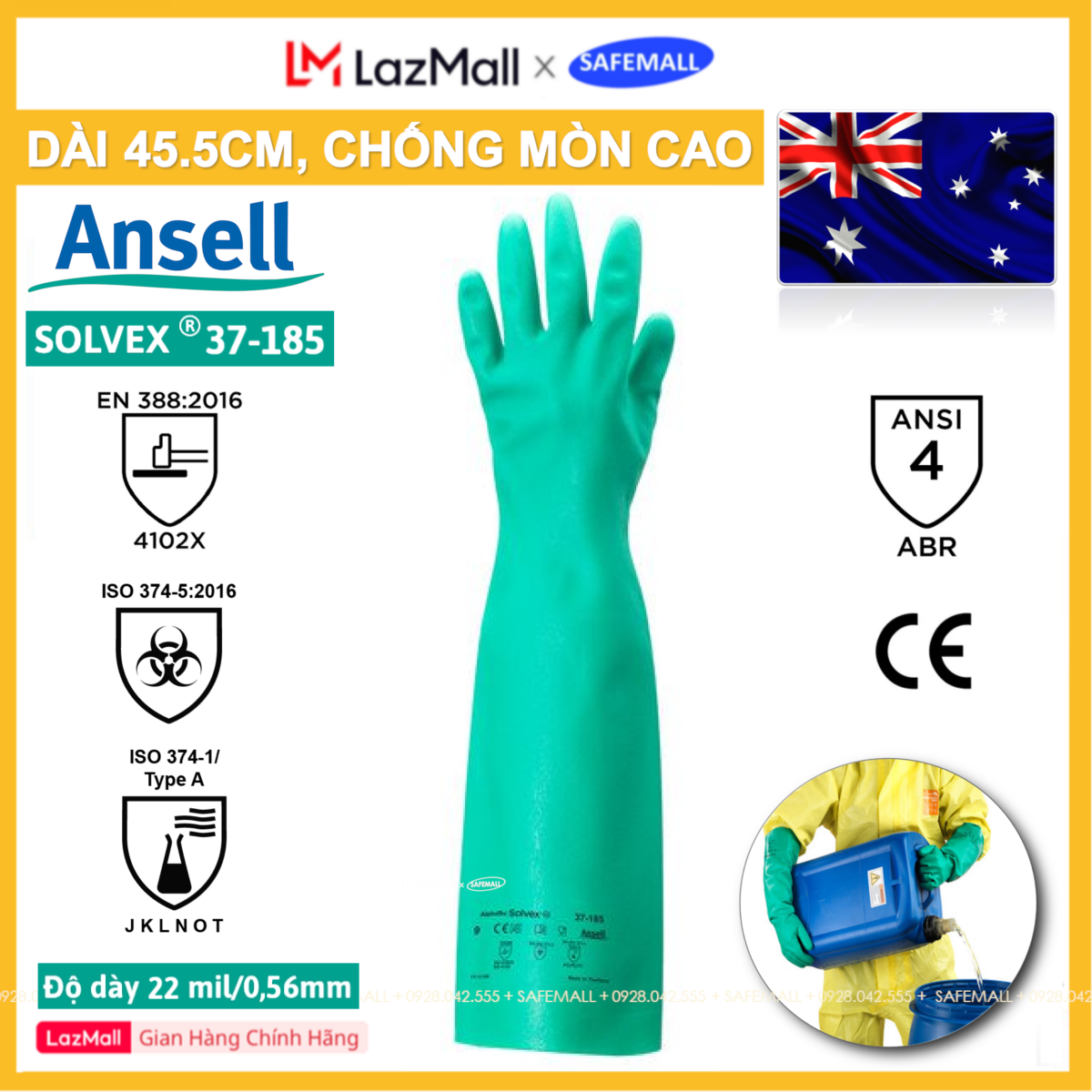 Combo 2 pairs of Ansell 37-185 chemical protection gloves 45.5cm thicker than 50% gloves of the same type, durable, ansell Alphatec Solvex 37-185 touch screen chemical oil proof latex gloves for cleaning and cleaning
