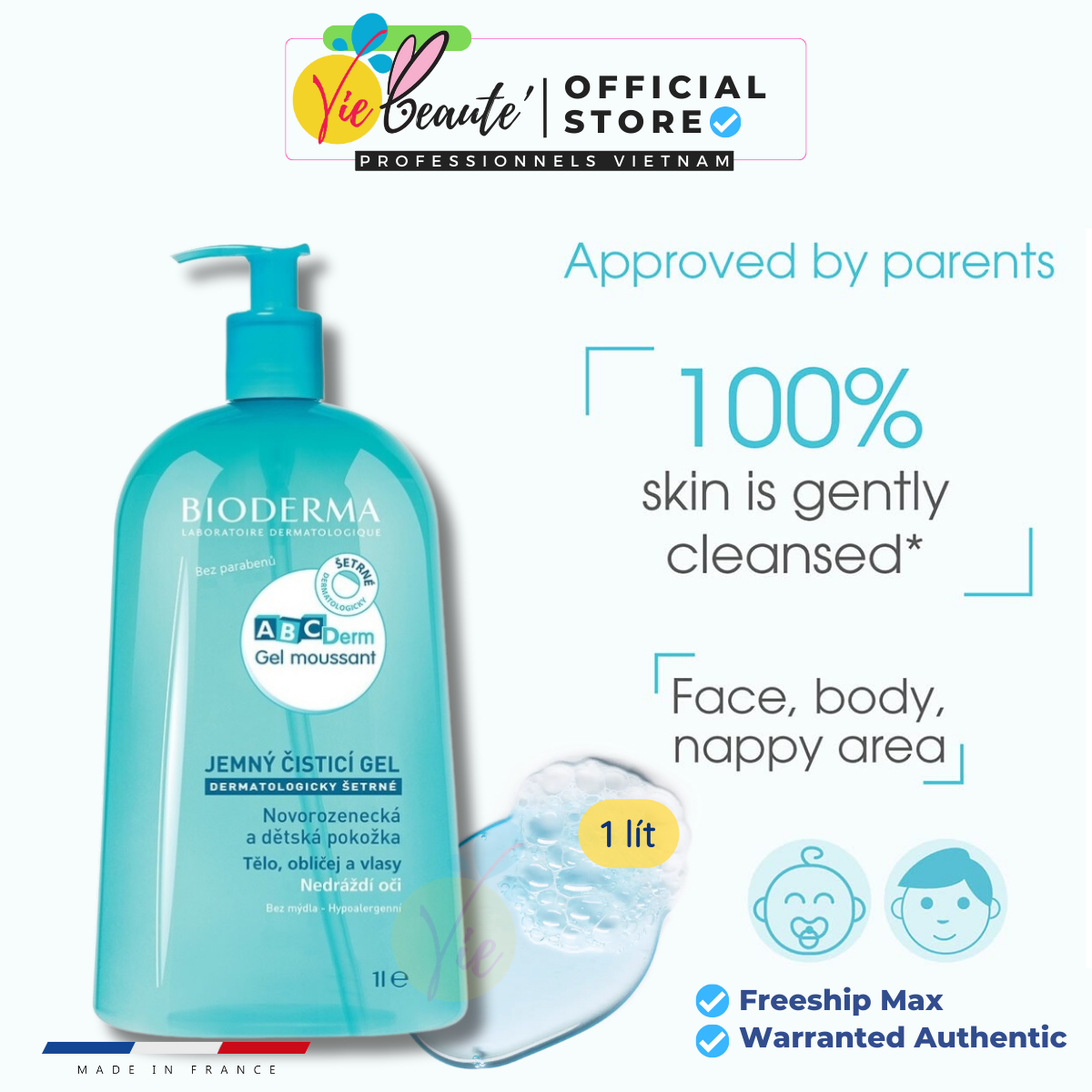 Sữa Tắm Em Bé Bioderma ABCDerm Gel Moussant Mild, soap-free cleansing gel 1000ml