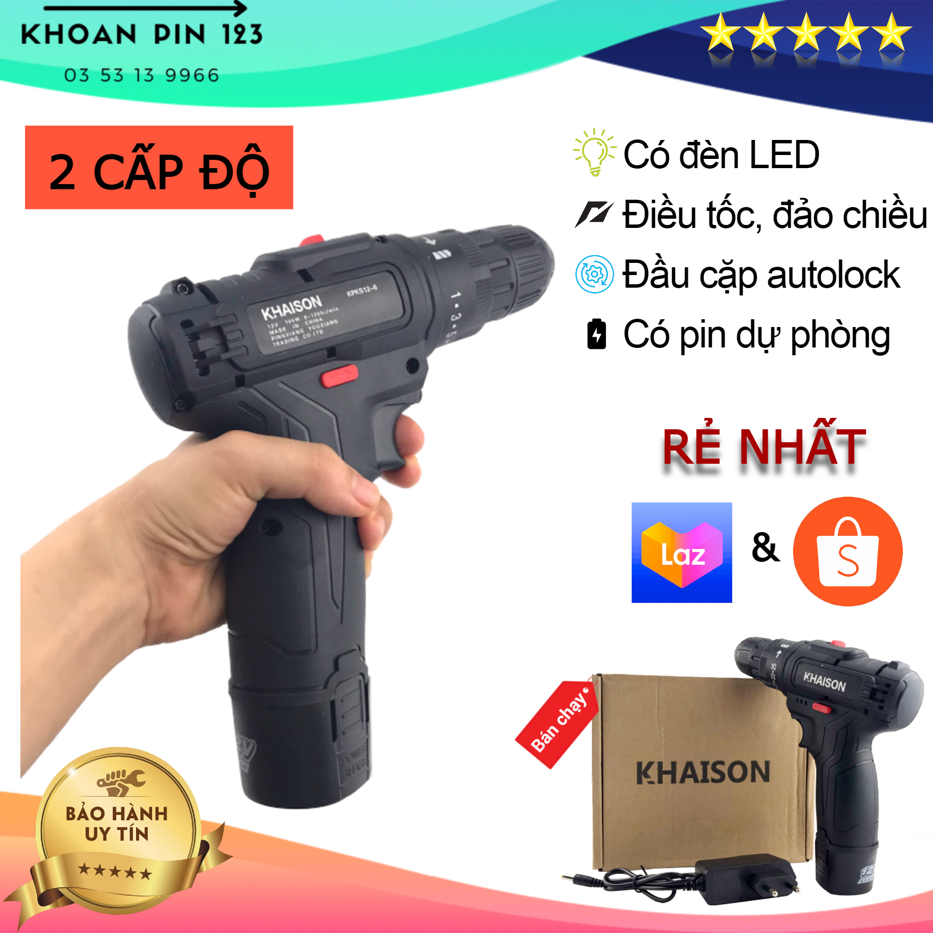Khoan pin 12v 2 pin cấp độ lõi đồng tặng kèm mũi bắt vít