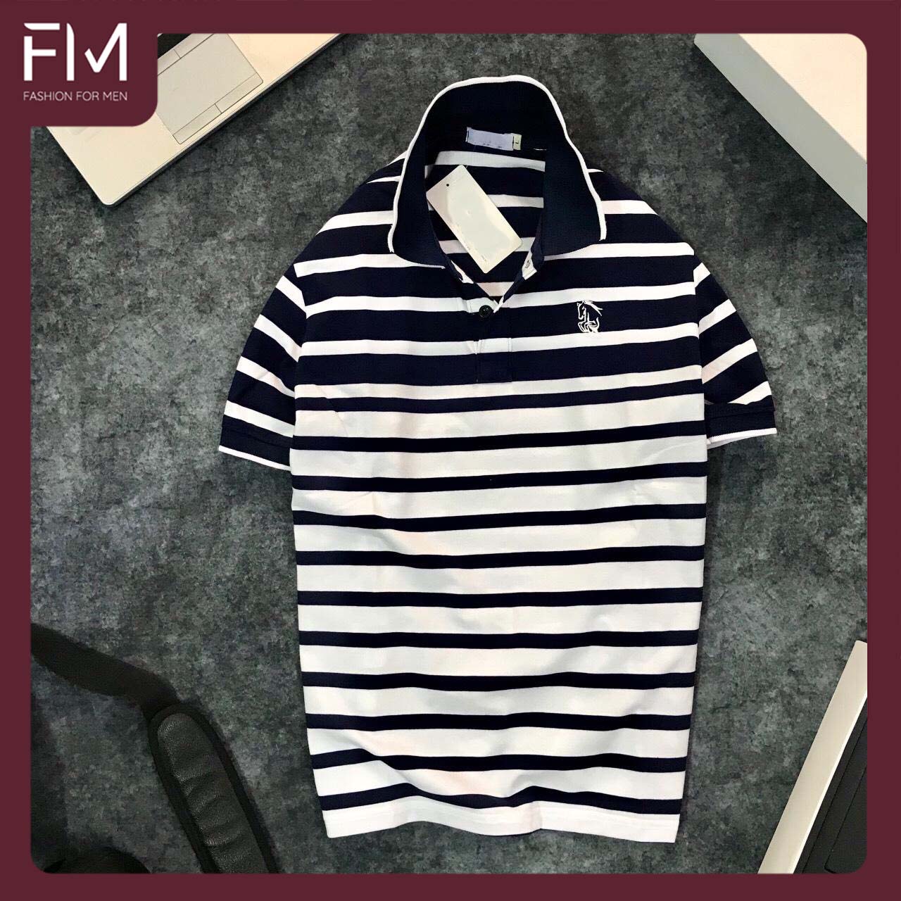 Áo thun nam có cổ bẻ thanh lịch phối sọc ngang thời trang, Logo thêu - FORMEN SHOP - FMPS099