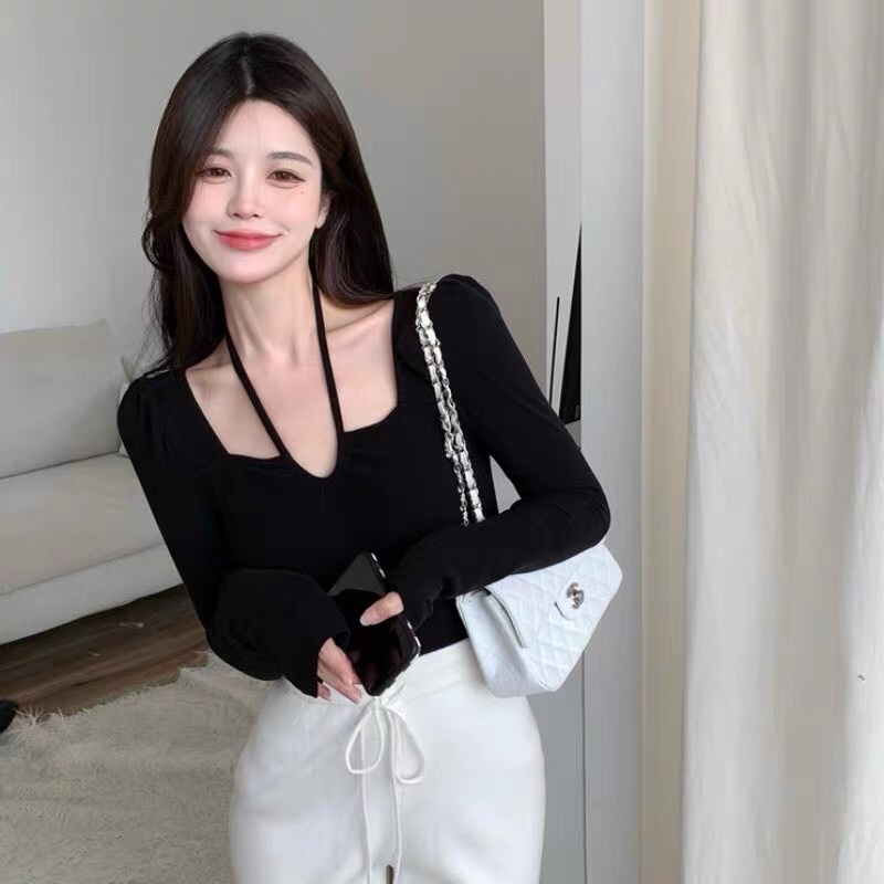 Áo kiểu thun croptop tay dài phối kiểu tiểu thư