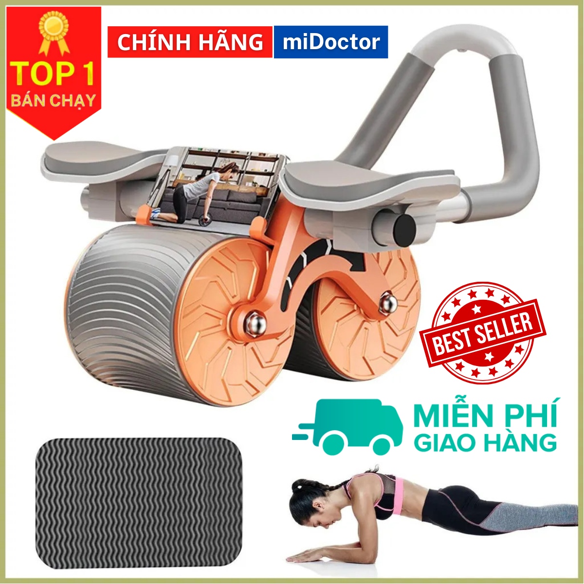 Con lăn tập cơ bụng chuyên dụng cho nam nữ, có chỗ để điện thoại, dụng cụ tập plank, con lăn tập bụng - chính hãng midoctor
