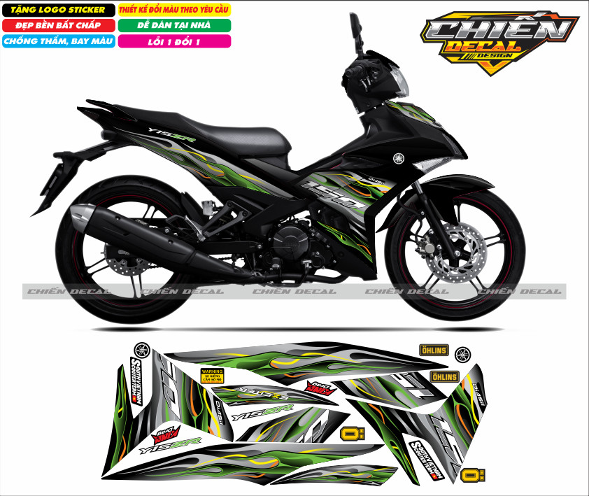 Tem rời xe exciter 150 mẫu tem lửa màu đen xanh (tem 3 lớp cao cấp)