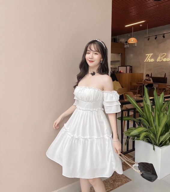 (CLIP THẬT) Đầm dự tiệc trễ vai tay bồng