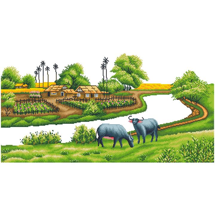 Tranh đính đá phong cảnh Làng quê thanh bình LV045 - tự đính