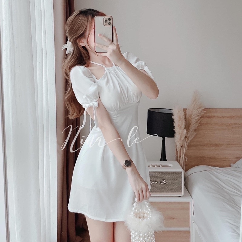 Váy tơ lụa cổ yếm nơ tay 2 màu siêu xinh