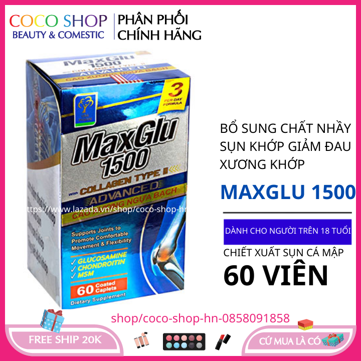 Glucosamin 1500mg viên uống giảm đau xương khớp MaxGlu tốt cho xương khớp hộp 60 viên chiết xuất sụn cá mập HSD 2023