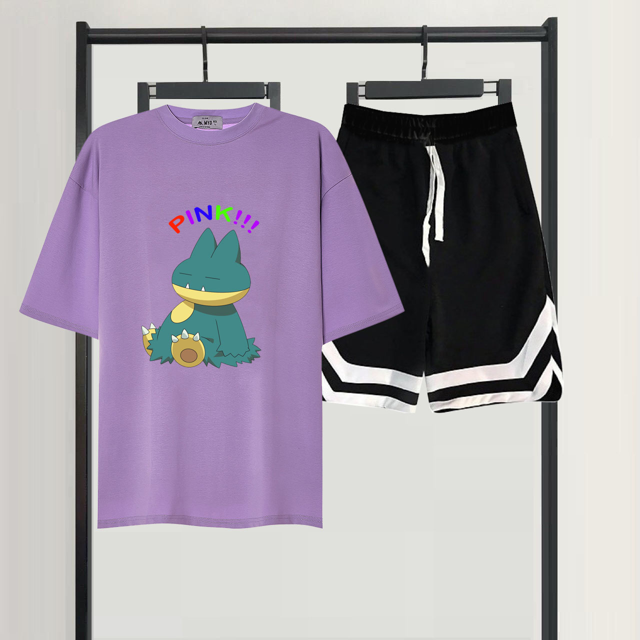 Sét Bộ Đùi Mùa Hè Nữ Xinh Cute Mặc Đi Chơi Dạo Phố, Chất Liệu Áo Cotton Organic Ngắn Tay Cổ Tròn In Khủng Long Pinks!! Cute Kèm Quần Đùi Viền V Phong Cách