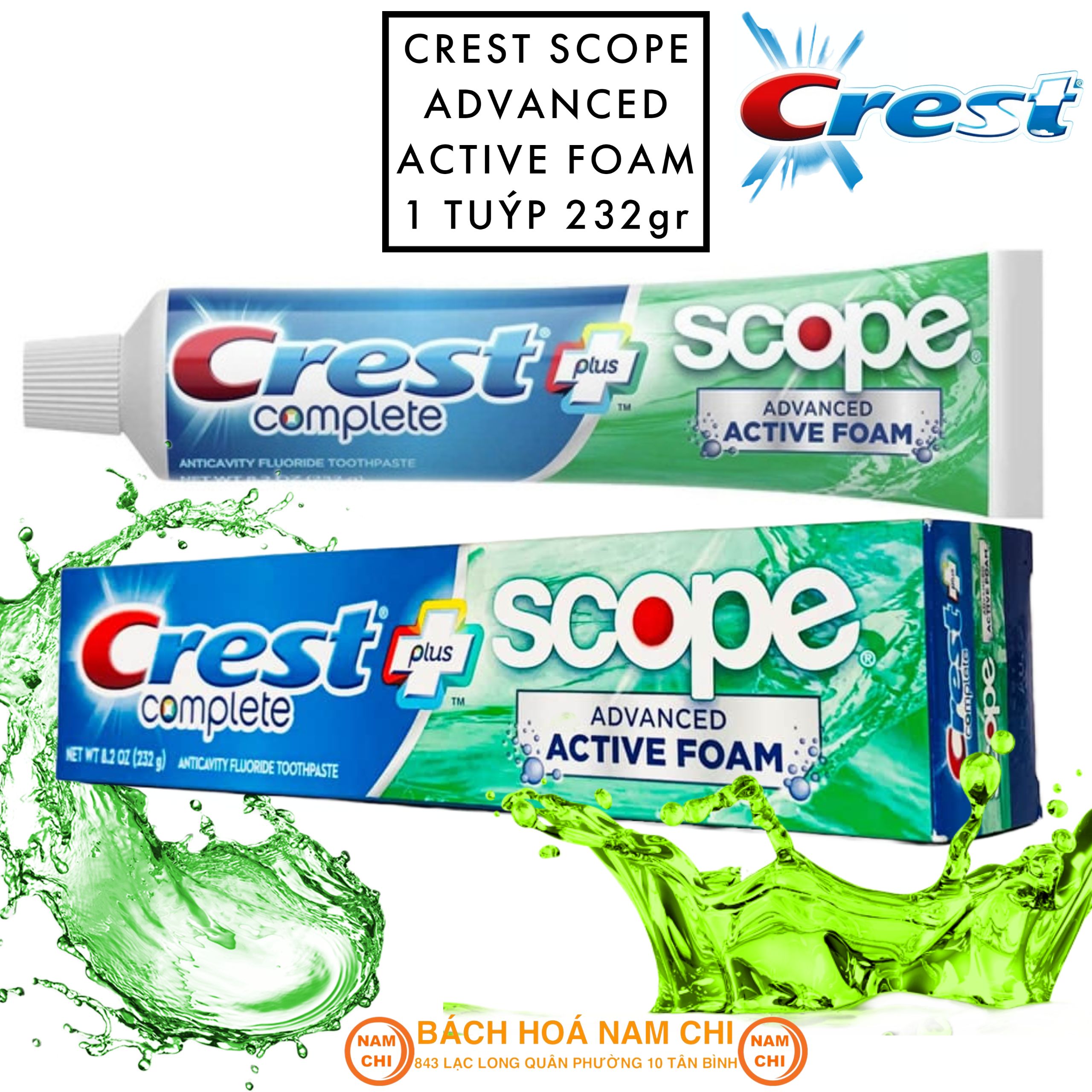 Kem đánh răng crest complete scope extra whitening+ advanced active foam 232g - hàng mỹ