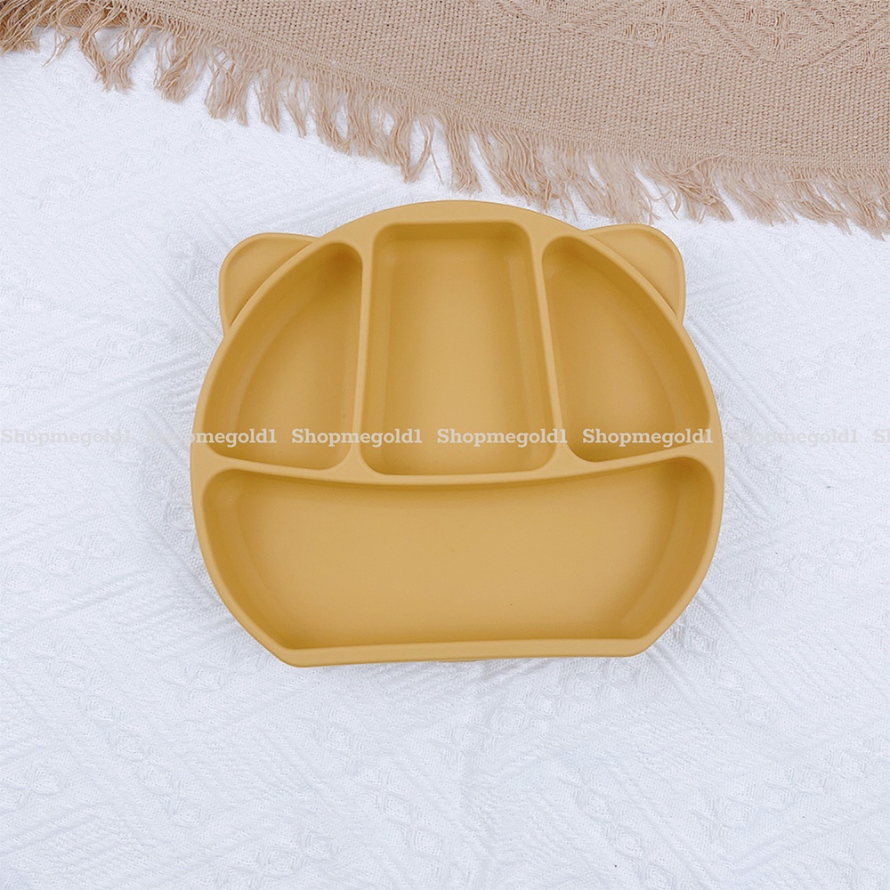 Khay ăn dặm silicon cho bé chia ngăn có đế hít, Khay ăn dặm cho bé silicone hình gấᴜ đế hít chống đổ