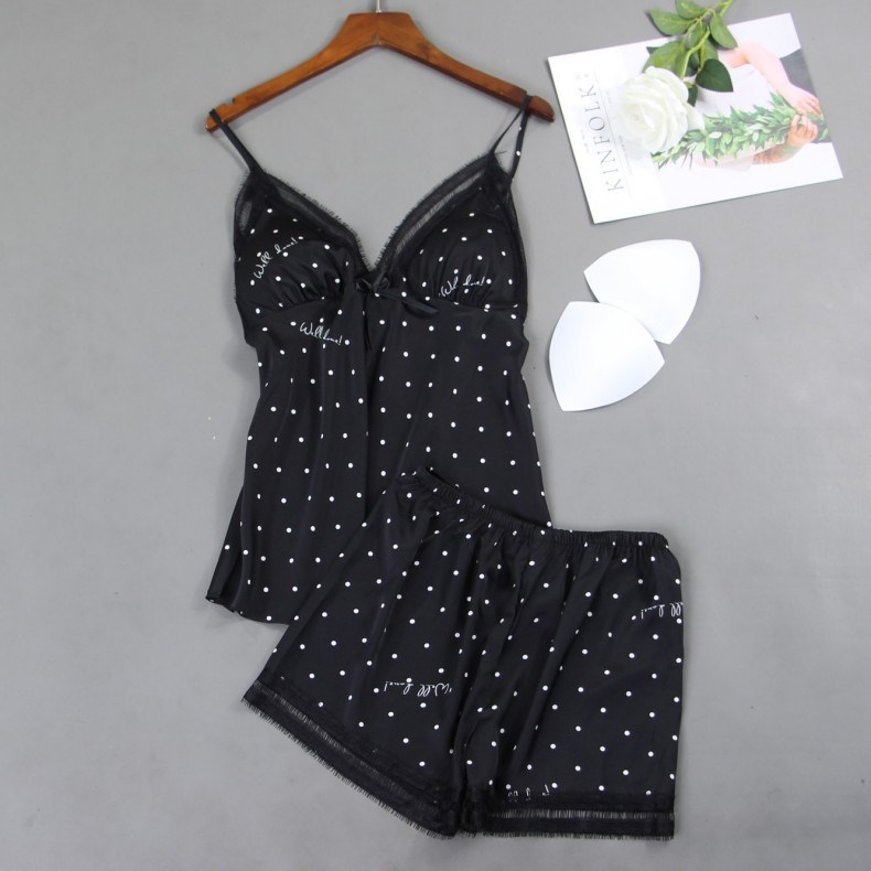 [Hàng Cao Cấp] Bộ Đồ Ngủ Hai Dây Lụa Phối Ren Mút Mỏng Chấm Bi Sexy Tôn Da DN04