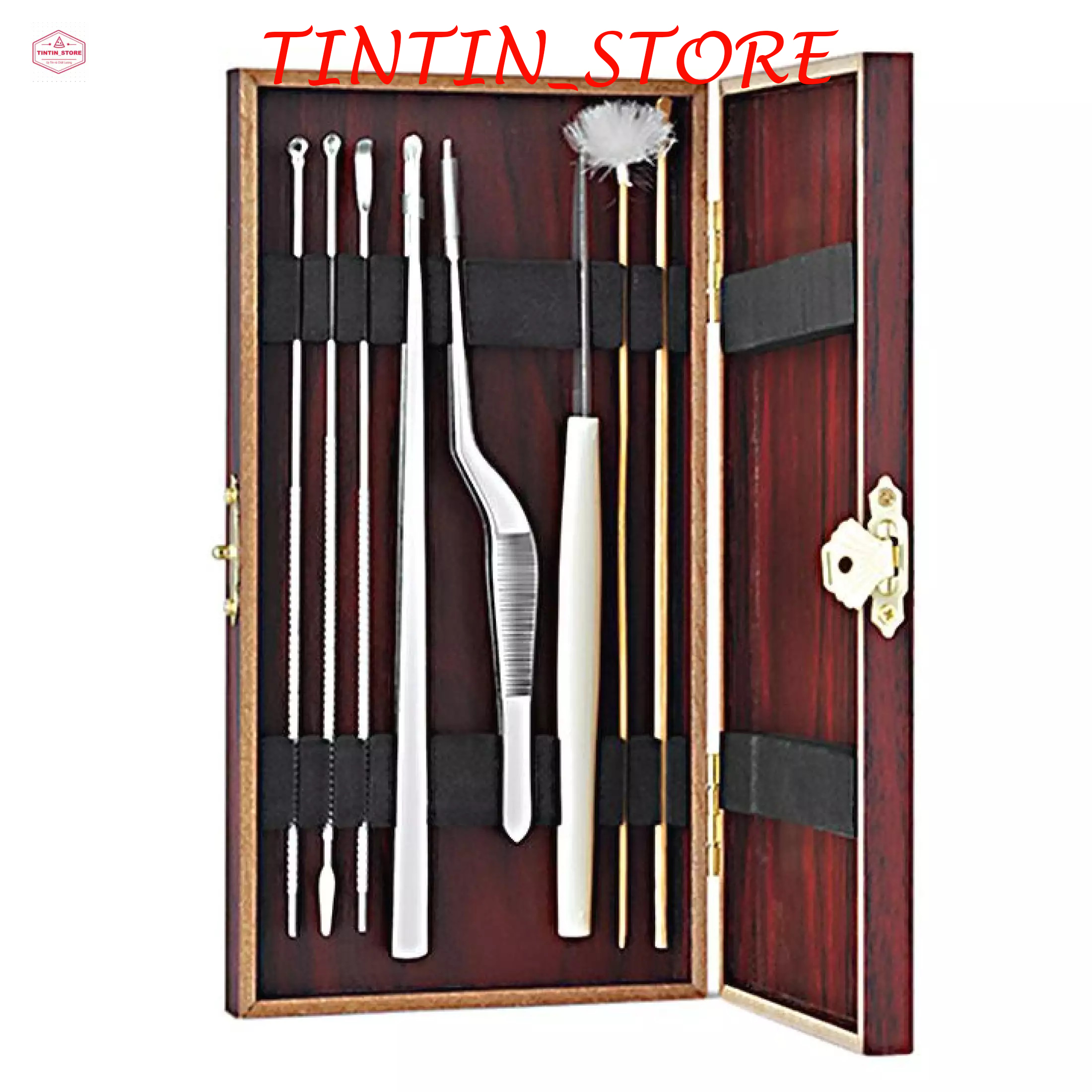 Dụng cụ lấy ráy tai 08 món cao cấp, nhíp lấy ráy tai, bộ ngoáy tai hộp gỗ chuyên nghiệp