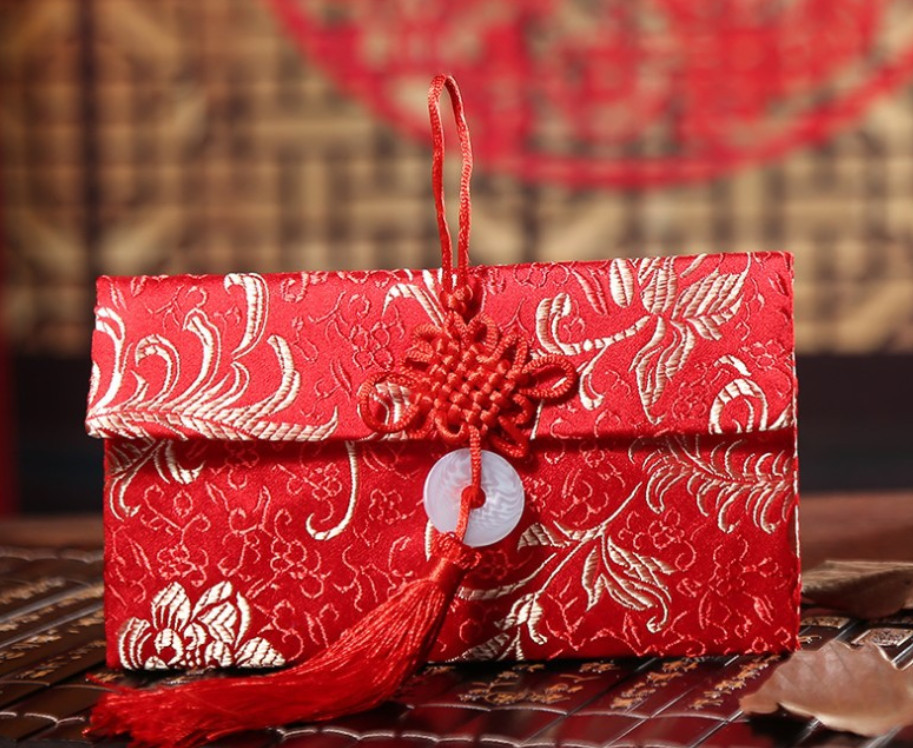 Combo 5 Bao Lì Xì Vải Gấm Đỏ treo ngọc bội Hoa Văn Phượng Hoàng (túi NGANG)