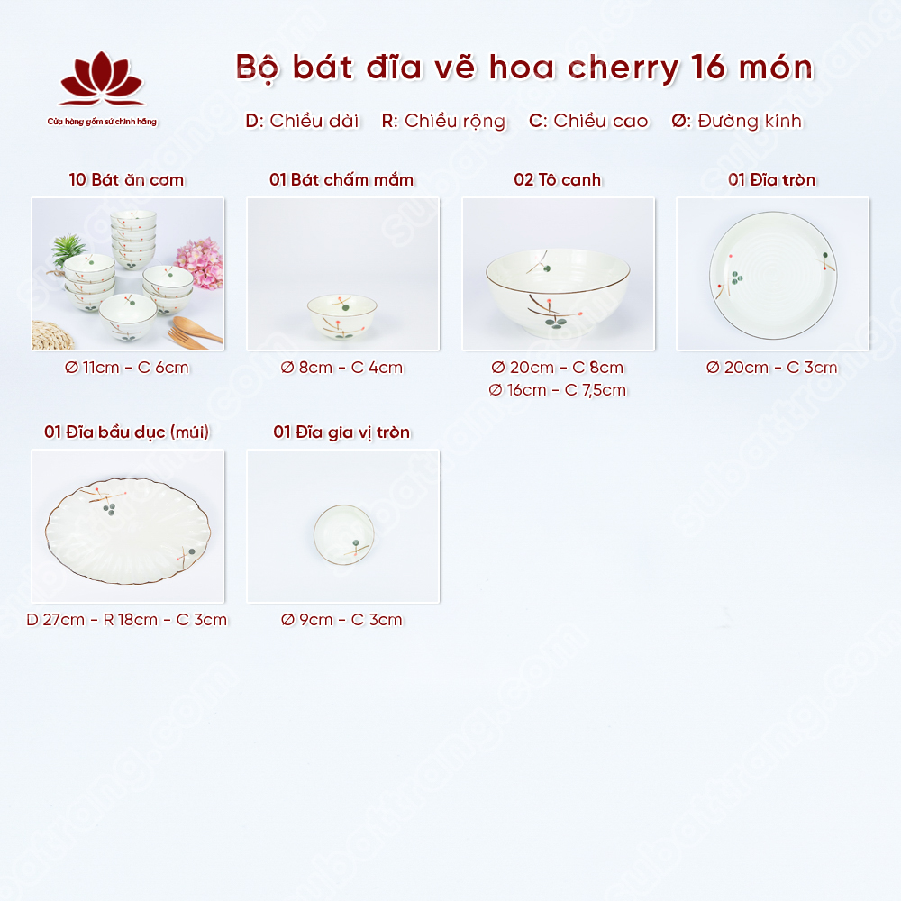 Bộ bát đĩa vẽ hoa cherry cao cấp Bát Tràng
