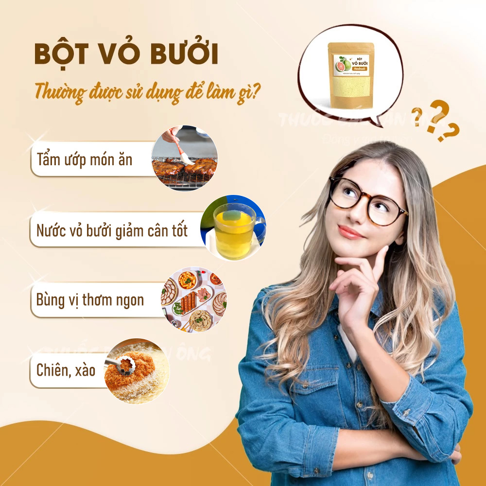 Bột vỏ bưởi 100g, nguyên chất, thơm, mịn, pha uống detox, thanh lọc cơ thể - Lãn Ông