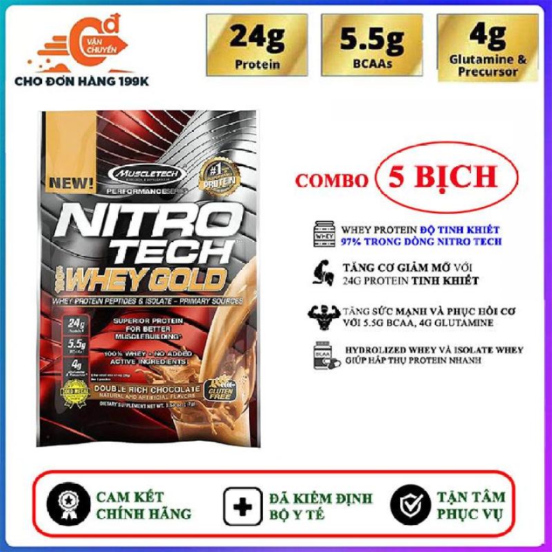 Combo 5 Gói Sample Sữa tăng cơ giảm mỡ Nitro Whey Gold của Muscle Tech hương Chocolate (33.3g/gói) hỗ trợ tăng sức cơ, tăng sức bền sức mạnh, đốt mỡ giảm cân, giảm mỡ bụng mạnh mẽ cho người tập gym và chơi thể thao cao cấp