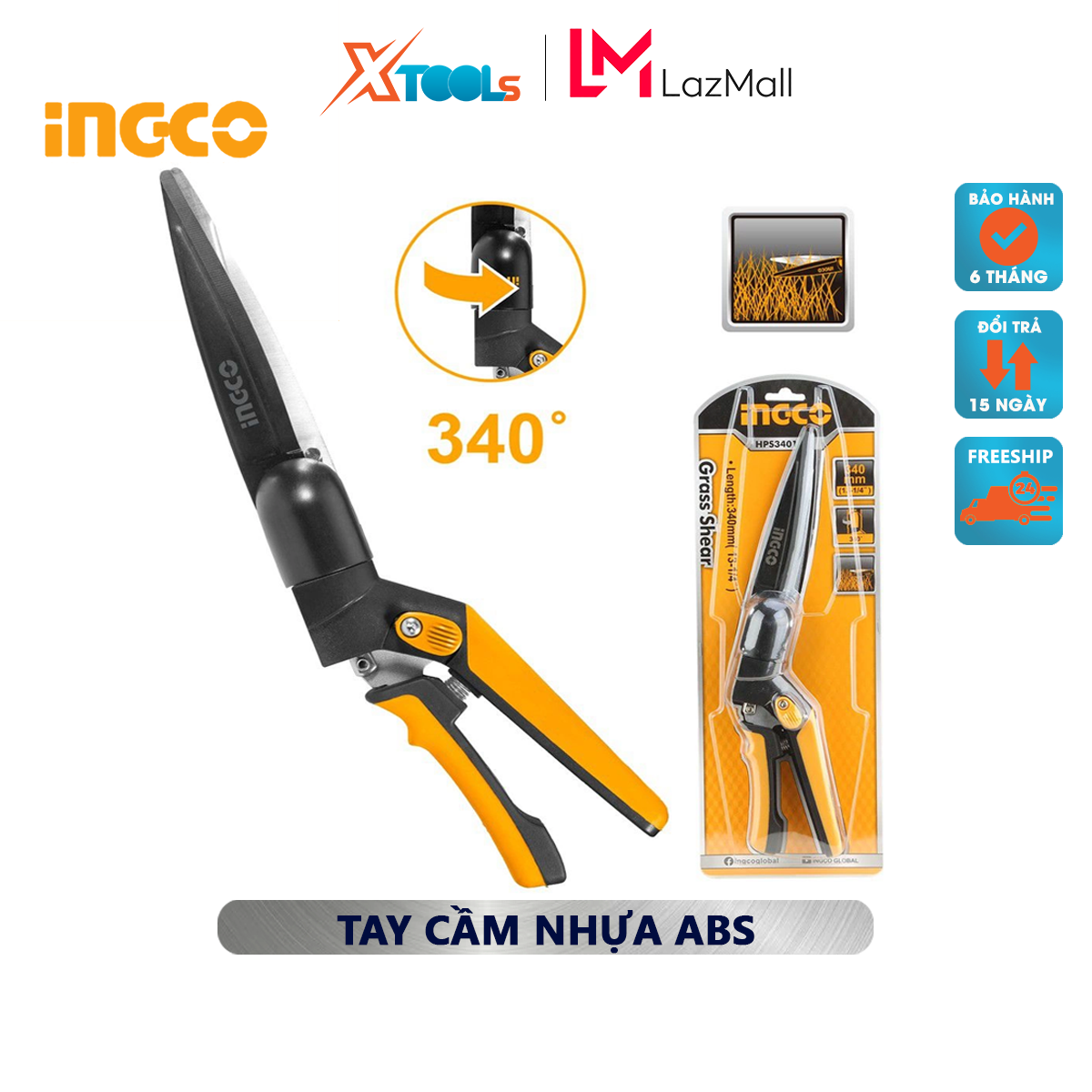 Grass shears ingco HPS3401 | shears gardening rotate 340 degrees size 13-1 / 4 "/ 340mm blade size 7"/ 180mm cutting grass, cut flowers, branches small [genuine] [XTools]