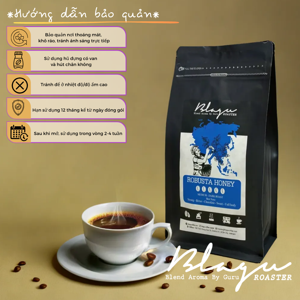 Cà Phê Blagu Hạt Đã Rang Robusta Honey - Medium Roast - Túi 250g,500g,1kg
