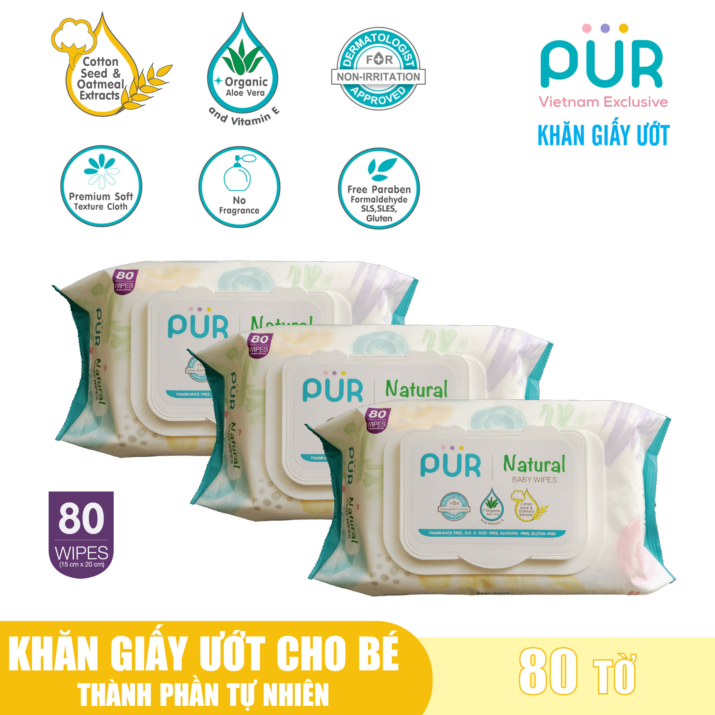 Combo 3 gói khăn ướt Pur loại 80 tờ