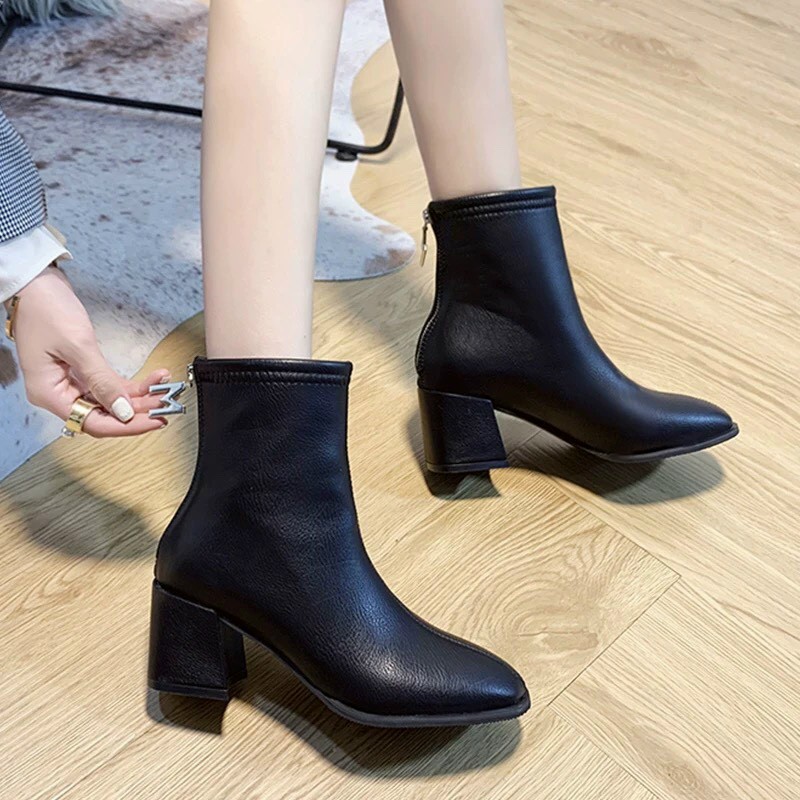 Bốt Nữ Da Cao Cấp, Bốt Nữ Cổ Trung Gót 5cm Cao Cấp