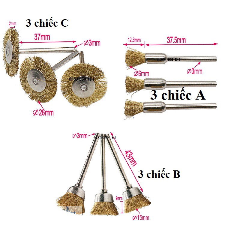 Chổi đánh gỉ trục 3mm sợi đồng 3 chổi