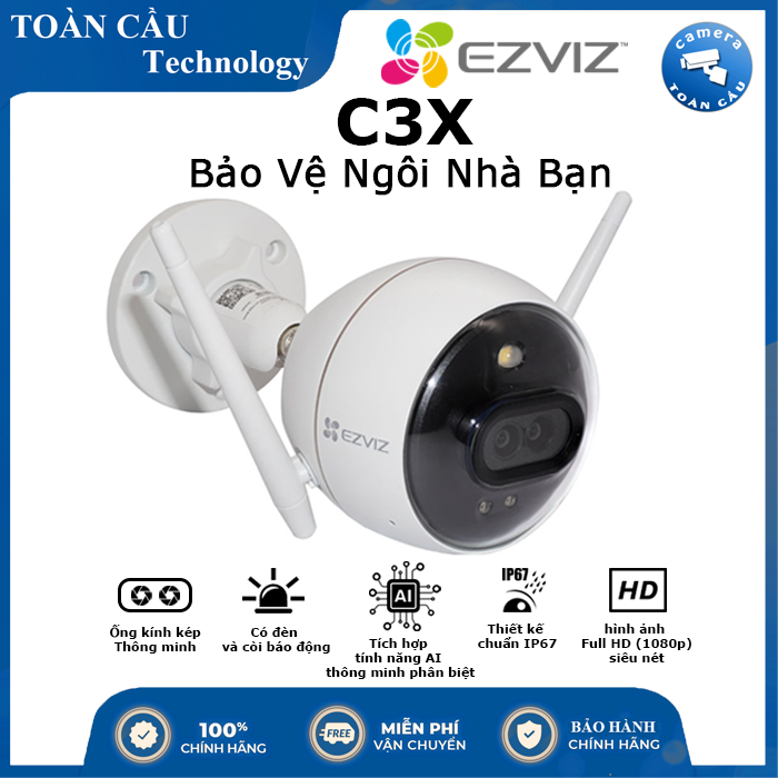 [100% CHÍNH HÃNG] Camera WIFI EZVIZ C3X CS-CV310 2.0 Megapixel 1080P có màu ban đêm 24/24 - Color Night tích hợp AI phát hiện chuyển động - Bảo Hành 2 Năm - Camera C3X ngoài trời - Tùy chọn thẻ nhớ - Camera Toàn Cầu