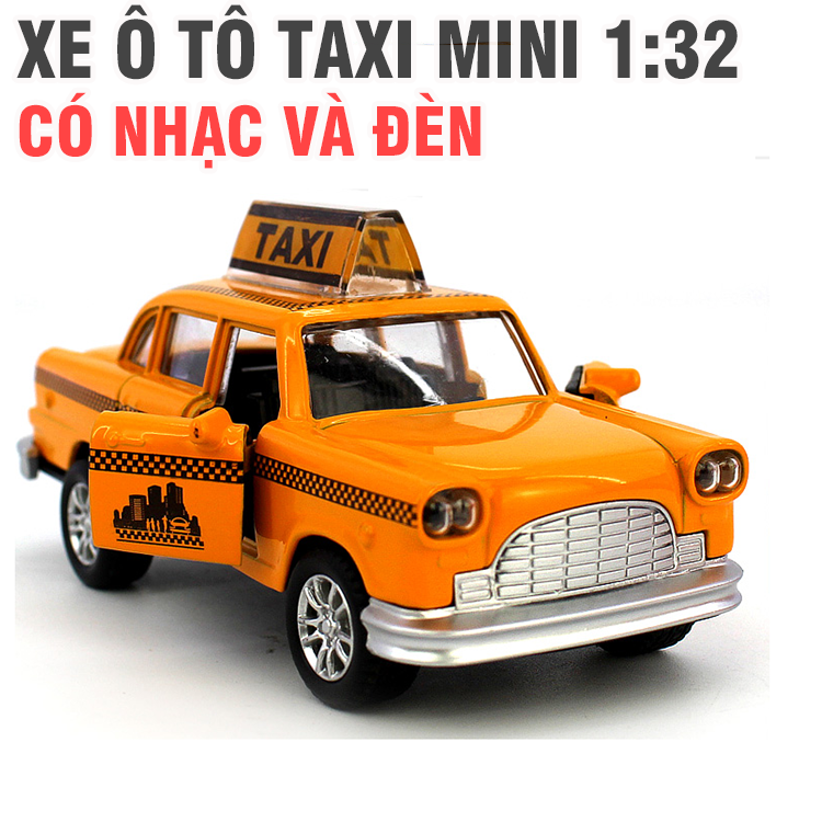 Mô hình xe ô tô taxi màu vàng cam đồ chơi trẻ em xe chạy cót có âm thanh và đèn
