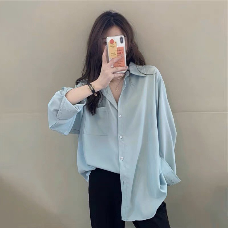 Áo sơ mi nữ dài tay form rộng ulzzang kiểu hàn basic màu trắng xanh nâu vàng tím dễ phối đồ
