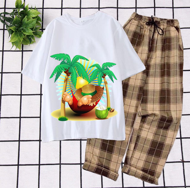 Sét Bộ Đồ Quần Áo Nữ Xinh Cute Mặc Đi Chơi - Mặc Đi Học Áo Cotton Inhình nghỉ mát Quần Ống Rộng Thun Cát
