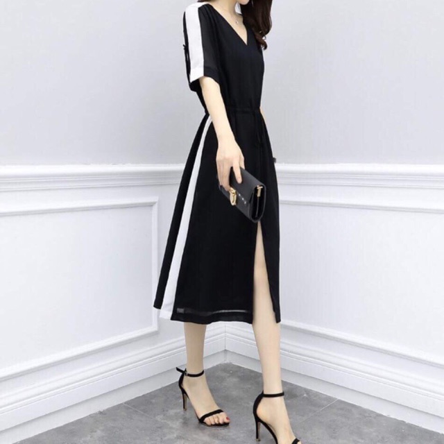 Đầm đen phối trắng rút eo