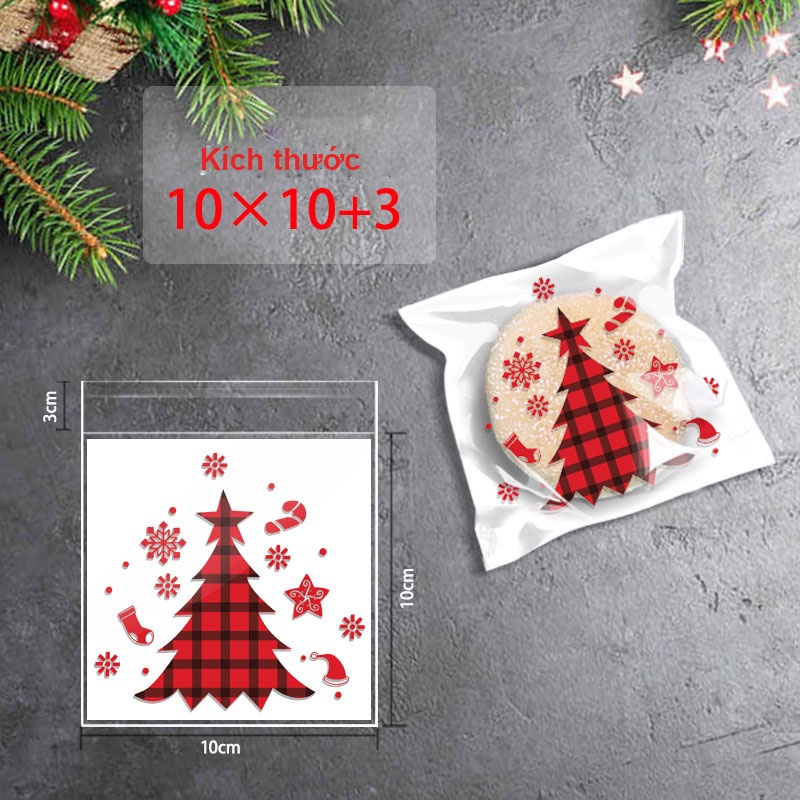 100 Túi Đựng Bánh Kẹo, Bao Bì Hoạ Tiết Dán Miệng Kích Thước 10x10+3 cm, Chủ Đề Noel Giáng Sinh
