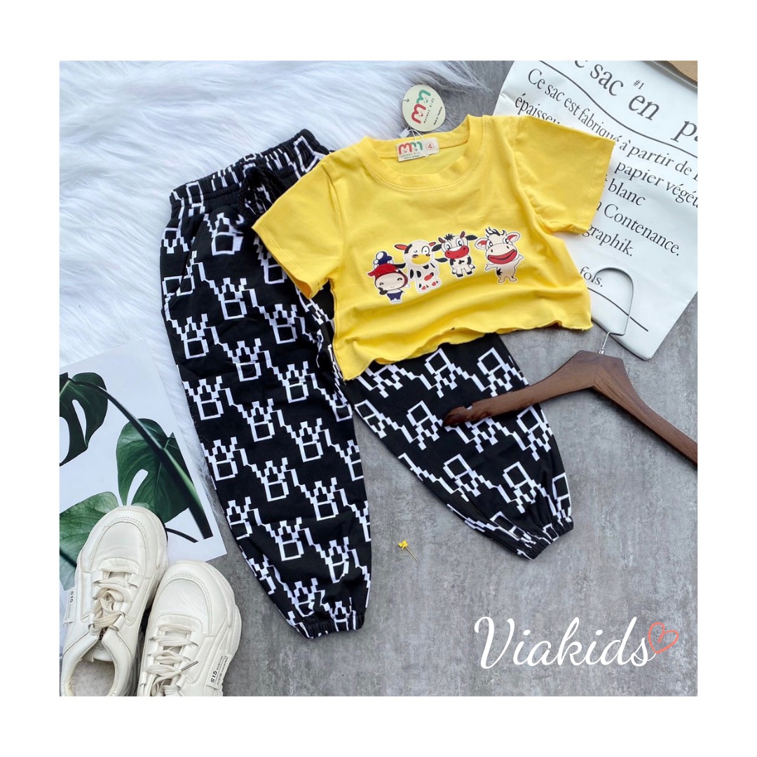 Set áo croptop bé gái quần jogger thể thao thun cotton co dãn cho bé 3 tuổi đến 15 tuổi