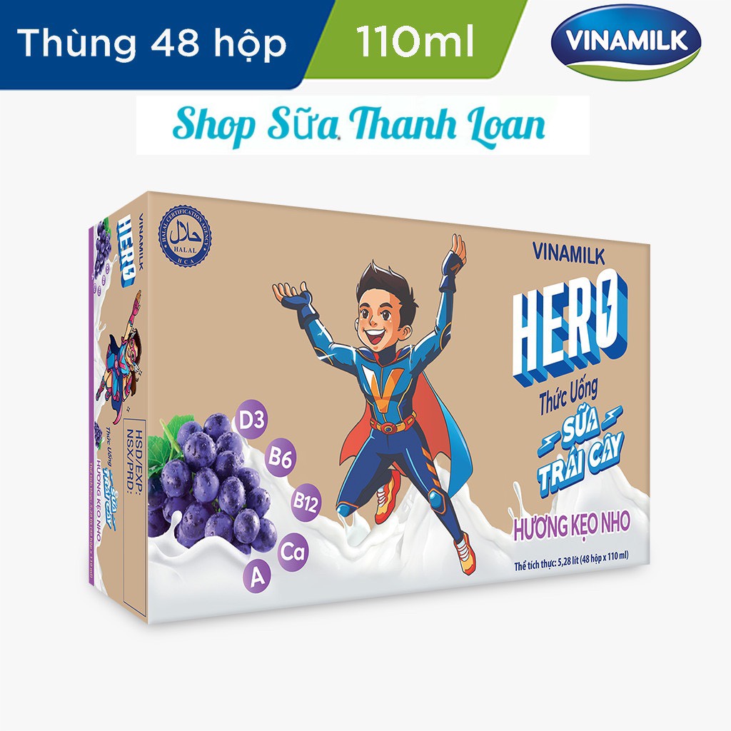 Thùng 48 hộp sữa trái cây hero vị kẹo nho 110ml.