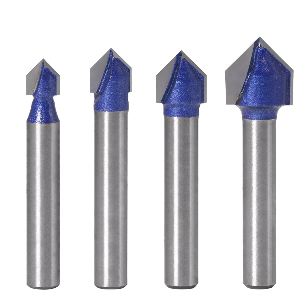 Combo 4 mũi soi gỗ, Mũi phay gỗ phay rãnh V 90 độ, cốt 6.35mm