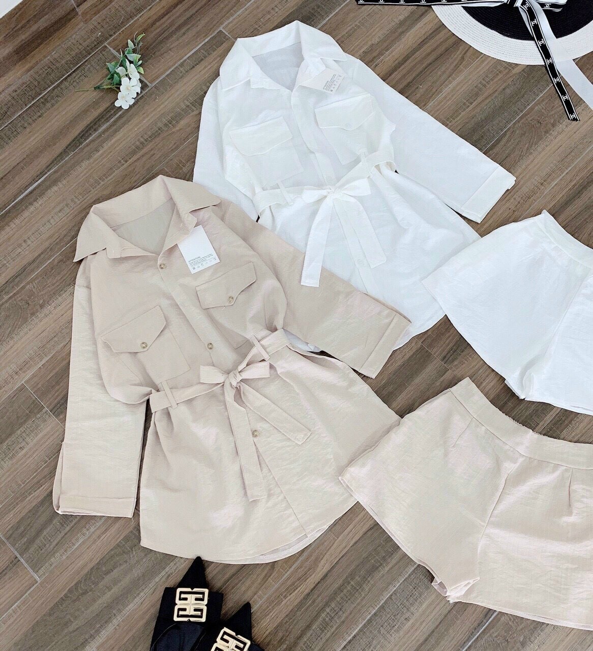 Sét bộ nữ áo sơ mi tay dài quần ngắn
