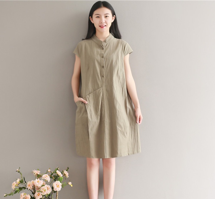 Đầm suông thô đũi cổ trụ phối túi bên hông chất đũi mềm mát thích hợp mùa hè