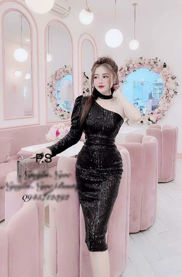 Đầm body kim sa vai 1 bên có mút-QH#damnu