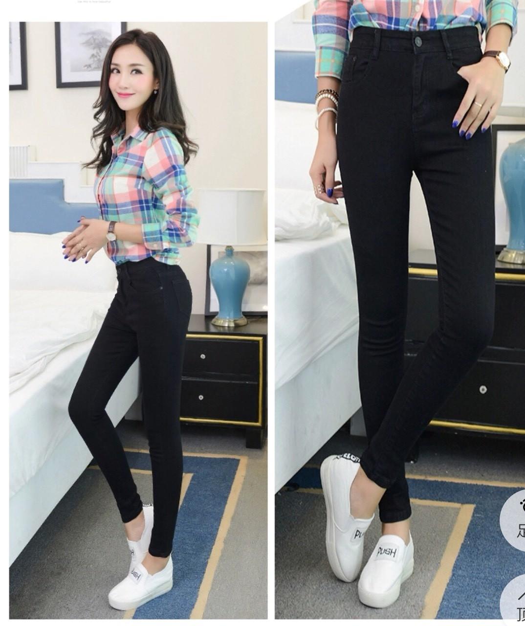 Quần jean nữ lưng cao đen trơn chất siêu giãn đt-014-1/64