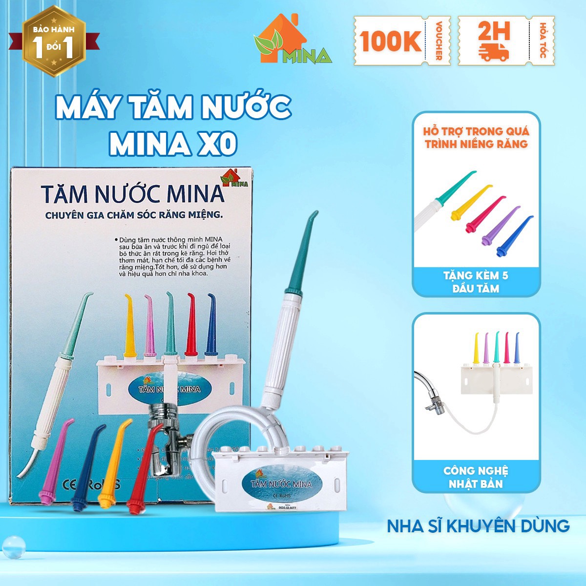 Máy Tăm Nước Mina. Tăm Nước Bảo Hành Đổi Mới 24 tháng. Công Nghệ Nhật Không Dùng Điện. Bóp Nước Vòi Rửa Mặt Tạo Áp Lực. Tặng Kèm 5 Đầu Tăm