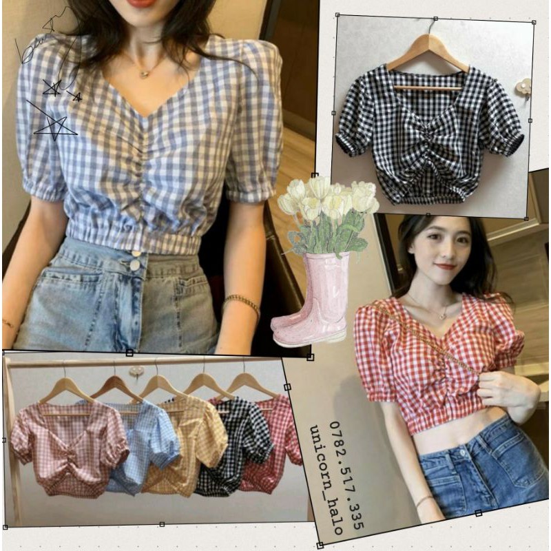 Áo Croptop Caro Cổ Tim Nhún Ngực Tay Phồng Bo Eo Nữ Màu Xanh/Đen/Vàng/Hồng  Đỏ Dracr09 - Mixasale