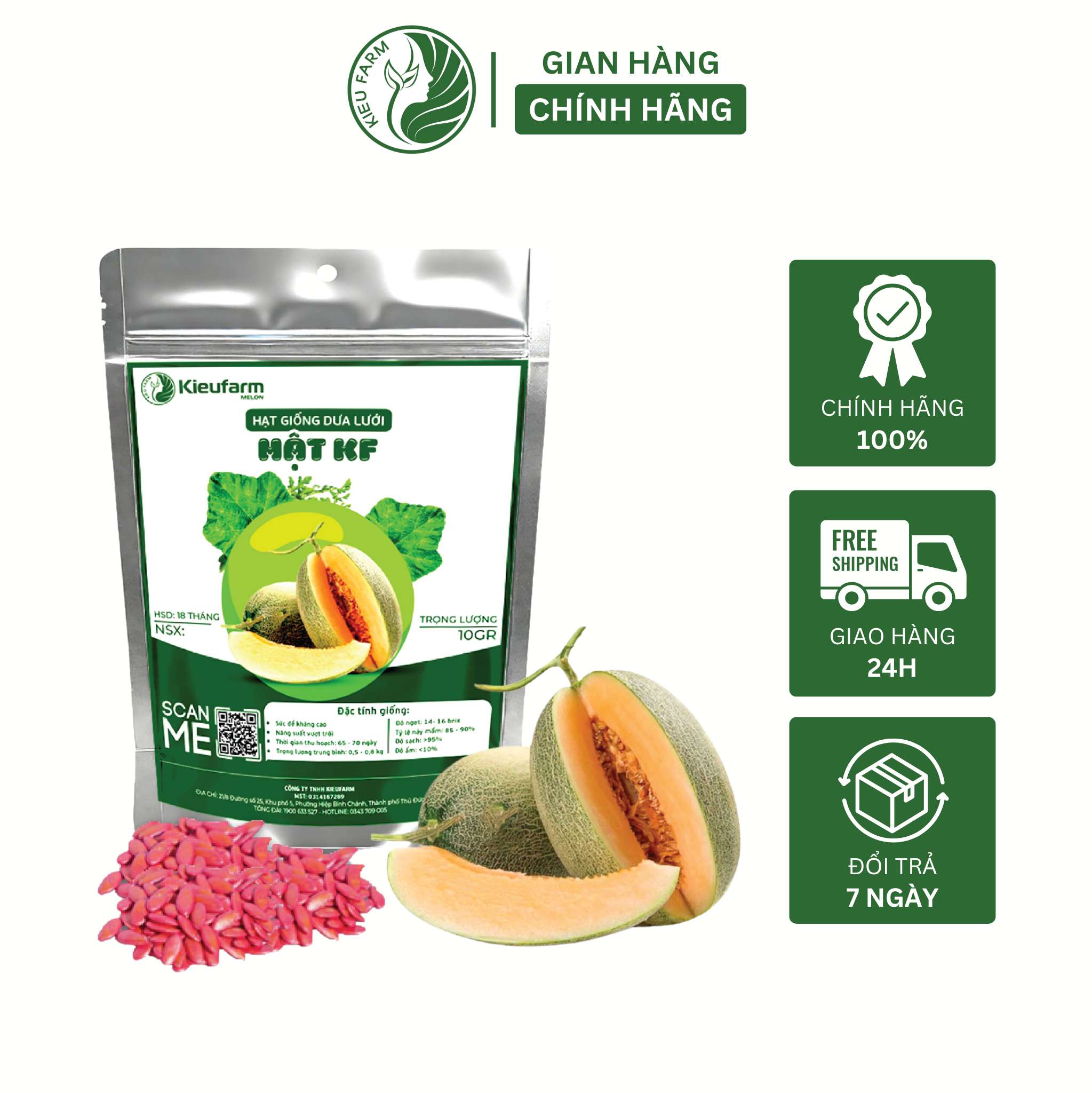 Hạt giống dưa lưới Mật KF Siêu Ngọt, Trái To_KIEUFARM_ Gói 10gram (295 - 312 hạt)