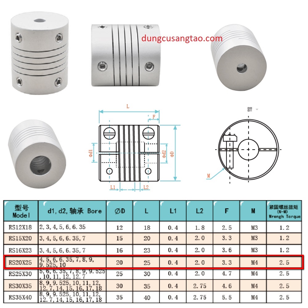 Khớp nối mềm lò xo - coupling D20L25mm