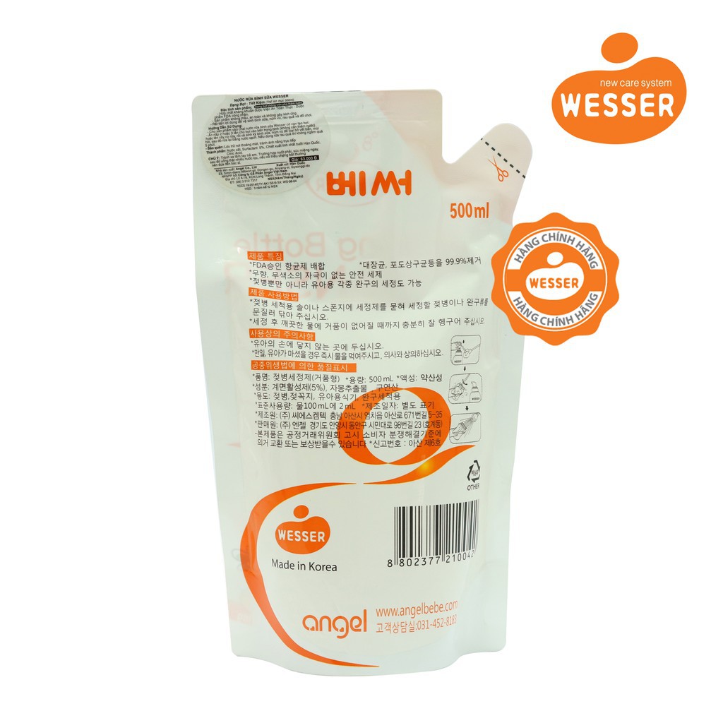 Nước rửa bình sữa Wesser dạng gói 500ml (Nhập khẩu Hàn Quốc)