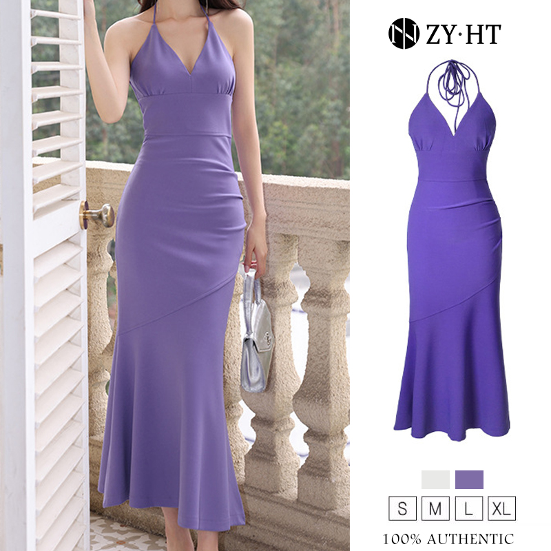 Zyht đầm maxi dây treo hiện đại màu đơn giản sexy đầm đuôi cá 6245