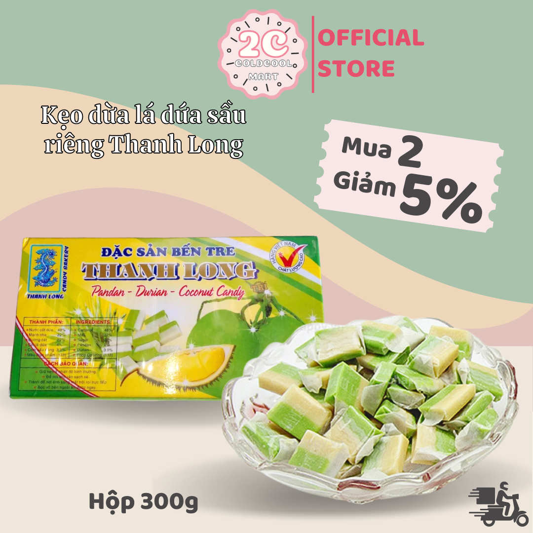 Kẹo dừa lá dứa sầu riêng hiệu Thanh Long (300g)