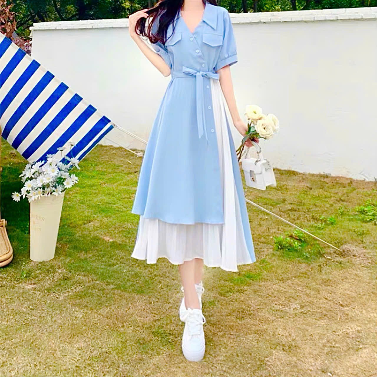 Đầm sơ mi túi hộp phối trắng dập li 2 màu