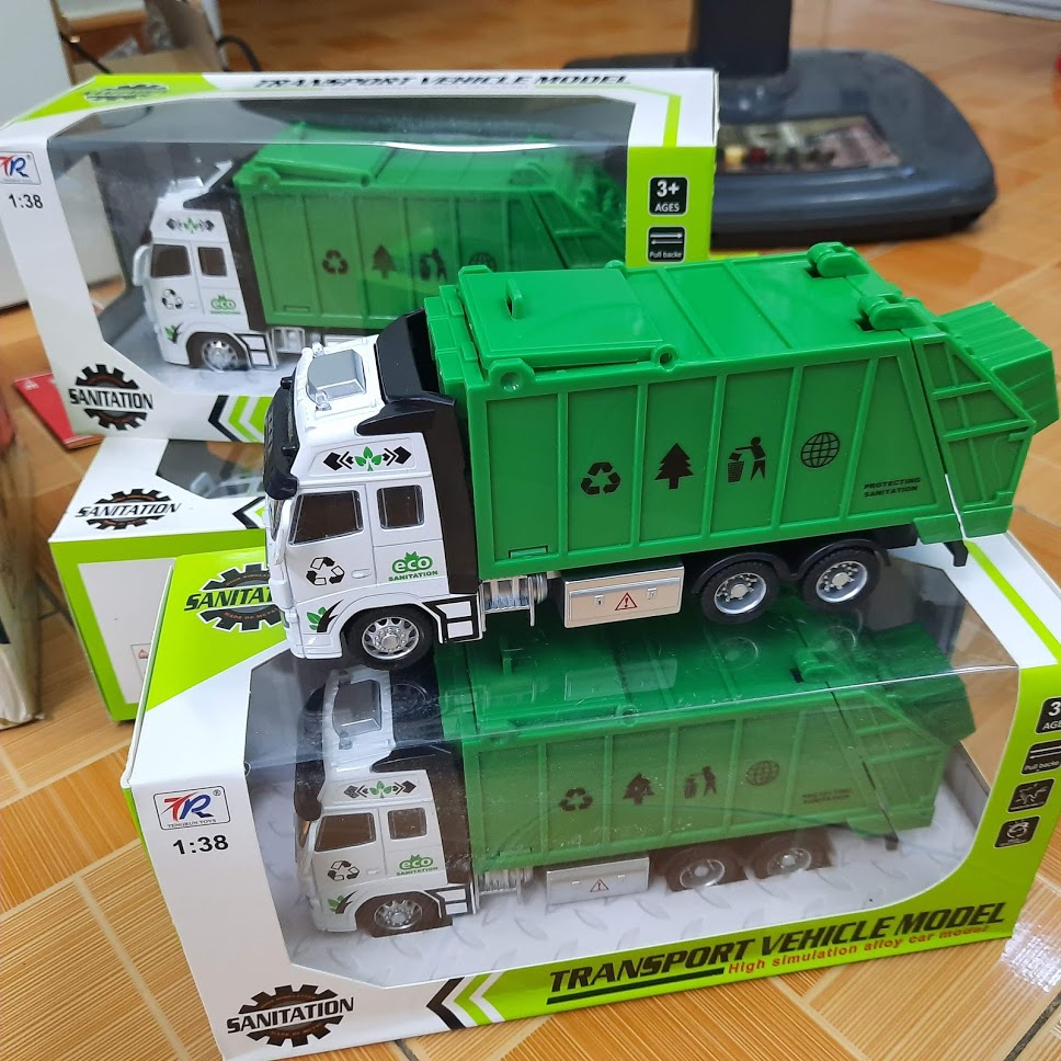 Xe mô hình ô tô chở rác tỉ lệ 1:38 xe đồ chơi trẻ em Mô hình xe có đầu xe bằng kim loại mở được thùng xe