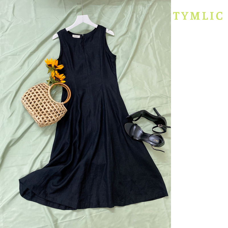 Đầm Linen Tưng Premium Sát Nách Đen TYMLIC