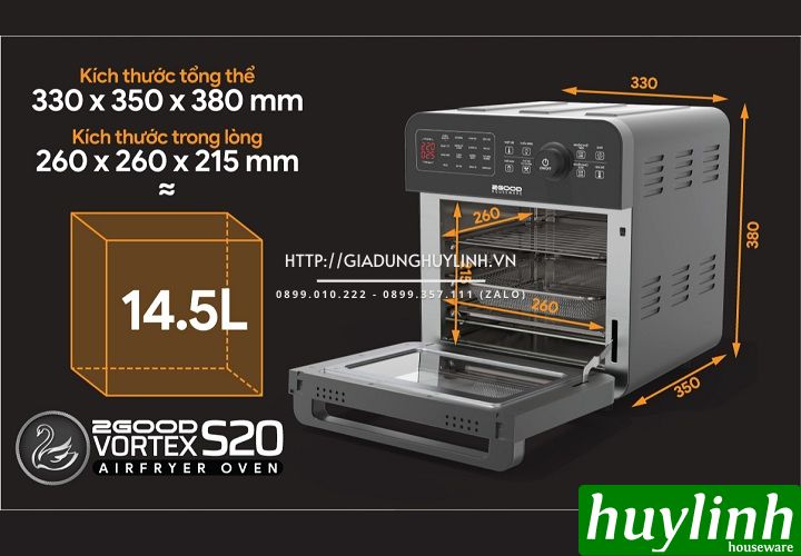 [Voucher 350k] Nồi chiên không dầu điện tử 2Good Vortex S20 - 14.5 lít - Tặng găng tay - 16 chức năng