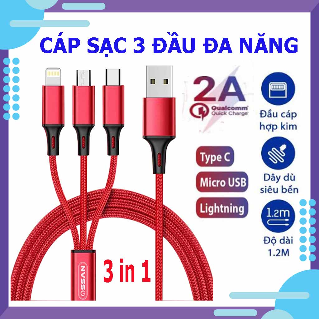 Dây cáp sạc đa năng  | Dây dù , Dài 1.2M | 3 đầu Micro USB / Type C / Lightning